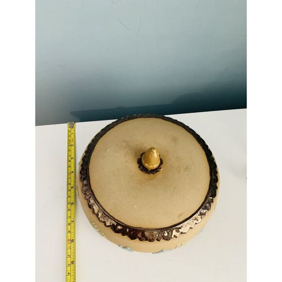 Arnel’s Signed Blue Teal Green Tan Lidded Ceramic Dish Trinket Box Home Decor - Picture 12 of 14